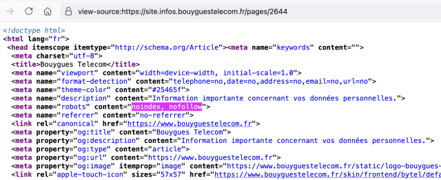 a screenshot of Bouygues' data breach page, which contains "noindex" code preventing search engines from indexing the page.