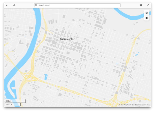 A screenshot of elementary Maps showing Sacramento. The map is only showing major bodies of water, motorways, some roads, and buildings. Only “Sacramento” itself is labeled 