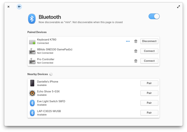 A screenshot of Bluetooth settings in Pantheon. Devices are now broken up into two separate lists: "paired" and "nearby"