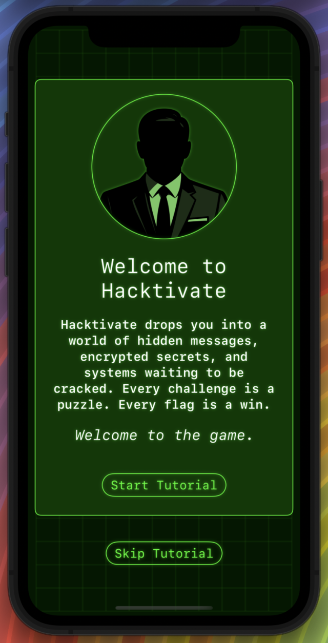 "Welcome to Hacktivate" shown on a retro green screen-style user interface. Every challenge is a puzzle. Every flag is a win. Welcome to the game.