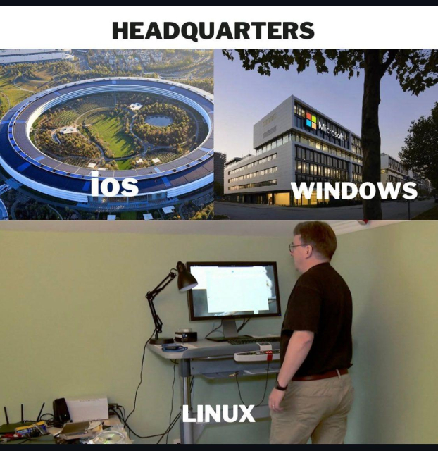 At the top left, a sleek aerial view of Apple Park; labeled iOS at the top right is a modern, corporate building with the Microsoft logo, labeled Windows. At the bottom is a photo of Linus Torvalds in front of a standing desk with a computer labeled "Linux" on it.