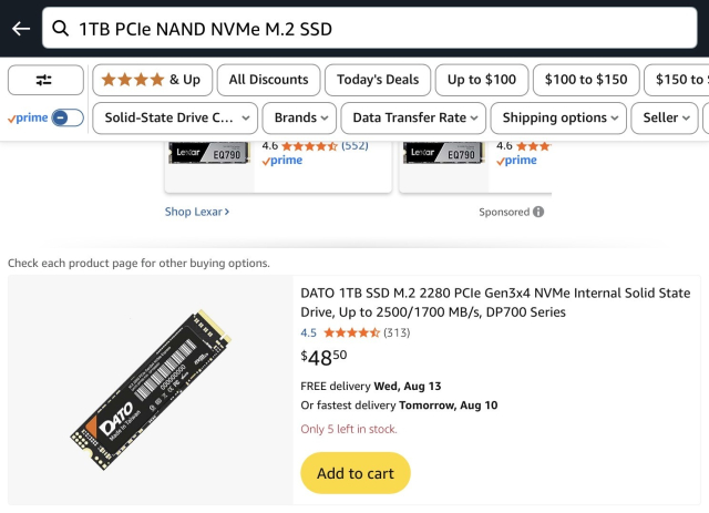 A screenshot of a Dato 1TB SSD advertised on Amazon for $49.