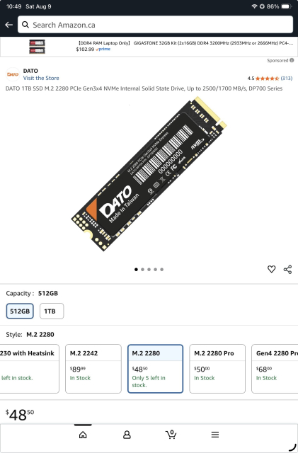 A screenshot of a Dato 1TB SSD that advertised on Amazon for $49 is actually a 512GB SSD.