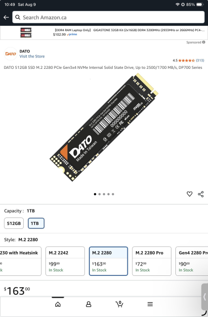 A screenshot of a Dato 1TB SSD that is advertised on Amazon for $49 is actually $163.