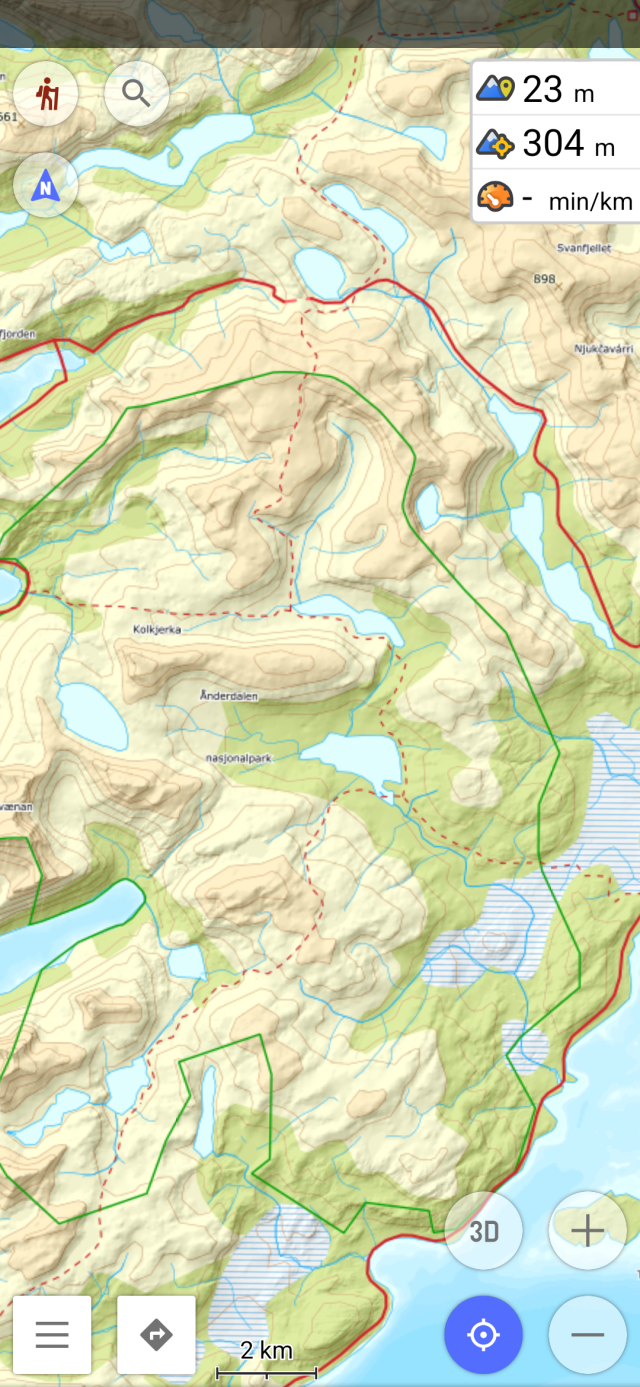 Screenshot of osmand showing Ånderdalen national park on Senja.