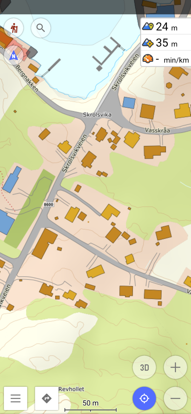 Screenshot of osmand showing a detailed village map of some village on Senja.