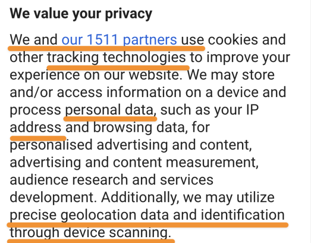 We value your privacy
We and our 1511 partners use cookies and
other tracking technologies to improve your
experience on our website. We may store
and/or access information on a device and
process personal data, such as your IP
address and browssing data for
personalised advertising and content,
advertising and content measurement,
audience research and services
development. Additionally, we may utilize
precise geolocation data and identification
through device scanning.