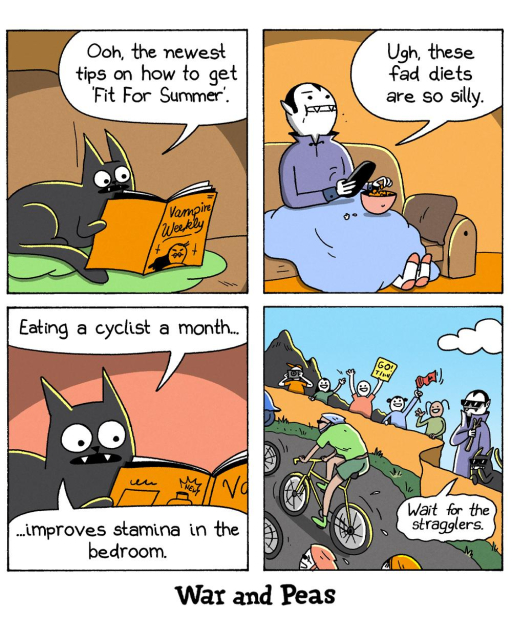 Funny 4-Panel-Comic by War and Peas Panel 1: A black cat named Lord Nibbles with pointed ears sits on a green cushion reading an orange magazine titled "Vampire Weekly." Lord Nibbles says "Ooh, the newest tips on how to get 'Fit For Summer'." Panel 2: A vampire character with fangs sits on the same couch as Lord Nibbles, wearing a purple shirt and holding a remote control with a bowl of snacks nearby. The vampire responds "Ugh, these fad diets are so silly." Panel 3: Lord Nibbles continues reading from the magazine and says "Eating a cyclist a month...improves stamina in the bedroom." while still holding the orange publication. Panel 4: The final panel shows an outdoor cycling race scene with a cyclist in green racing past a group of cheering spectators holding signs, including one that says "GO!" The vampire roommate stands among the crowd wearing sunglasses and holding a stick. Lord Nibbles says, "Wait for the stragglers."