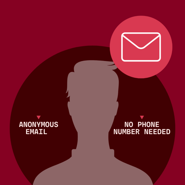 The outline of a person with text on either side, "Anonymous email" and "no phone number needed" 