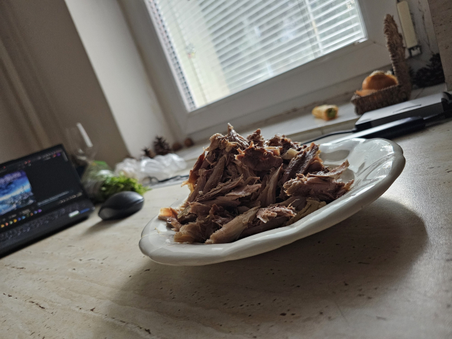 otrhané kuracie mäso z vývaru na bielom tanieri v kuchyni