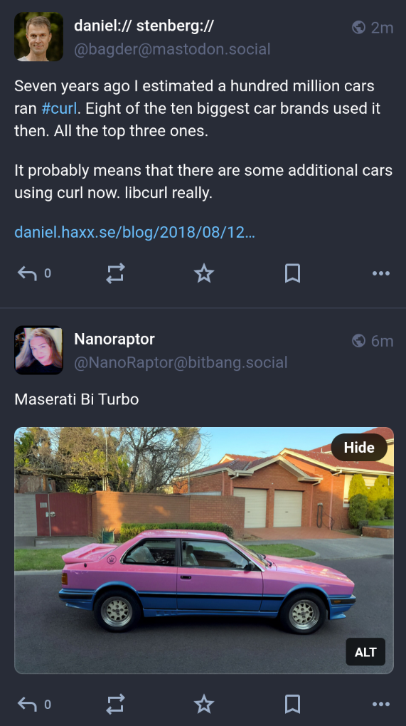 screenshot of two toots, above bagder's post about curl in cars, below Nanorator's post with a photo of a pink car.