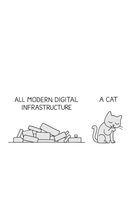 play on the xkcd "infrastructure" comic:

a pile of toppled over blocks: 

"ALL MODERN DIGITAL INFRASTRUCTURE"

a cat licking it's paw: "A CAT"

stolen from https://www.reddit.com/r/ProgrammerHumor/s/2zLIM6jFA2