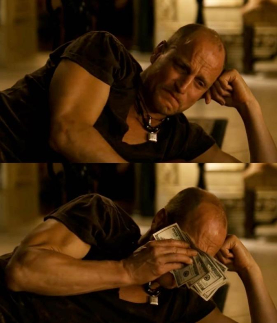 Two frames from the 2009 film Zombieland. In the first frame we see Tallahassee (portrayed by actor Woody Harrelson) with a sad face, clearly crying. In the second frame, Tallahassee wipes his tears with dollar bills.