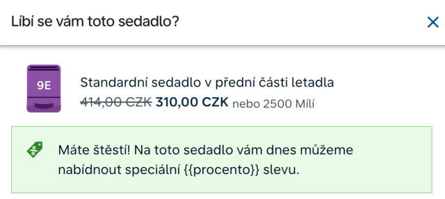 Máte štěstí! Na toto sedadlo vám dnes můžeme nabídnout speciální {{procento}} slevu.