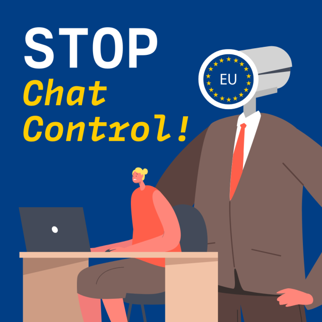 Image with an EU flag on a camera watching you while sitting in front of your computer.

Title: Stop Chat Control