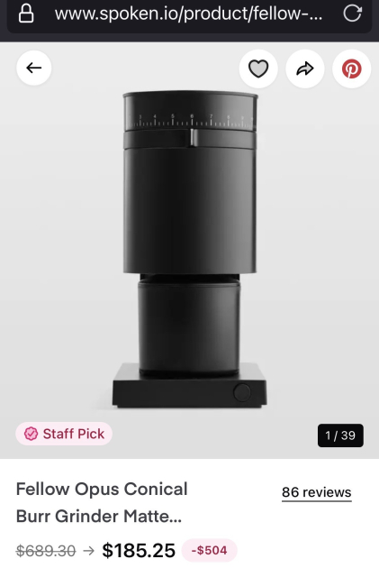Screenshot of a product page at spoken dot I o. It’s a black coffee grinder facing forward against a white background. It’s almost a featureless black rectangle except some lines that clearly mark like ground size. 