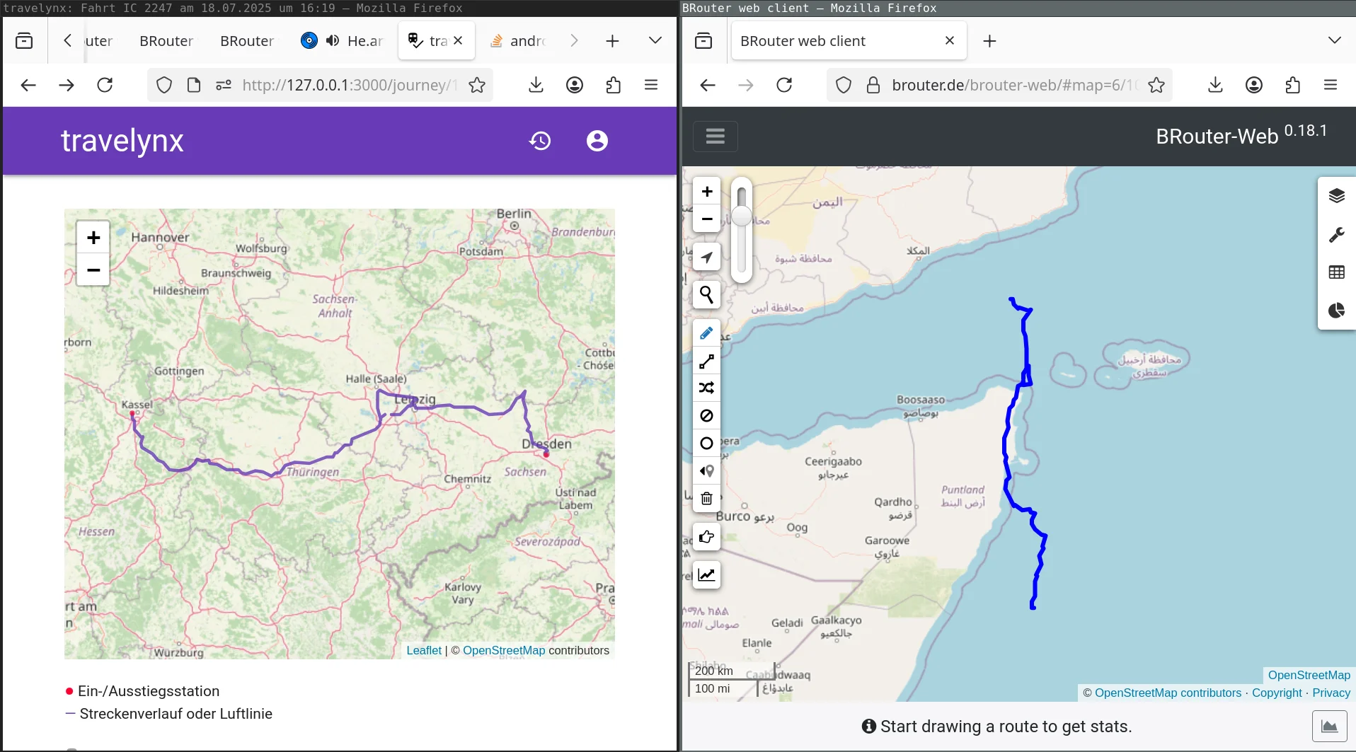 travelynx and broute screenshots of the same polyline – travelynx is displaying it correctly as a nearly horizontal line Kassel → Dresden, while brouter is instead showing a nearly vertical line off the coast of Somalia
