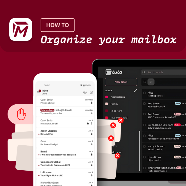 Product images of the Tuta Mail interface with the title, "How to organize your mailbox"