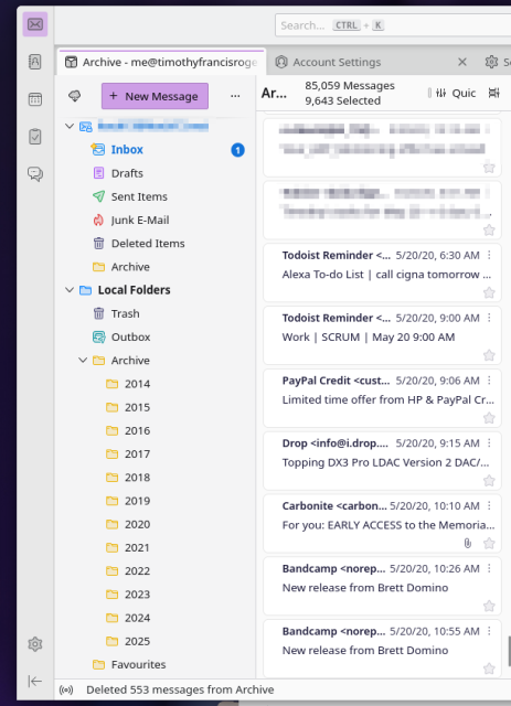 Screenshot of backup job moving emails using thunderbird