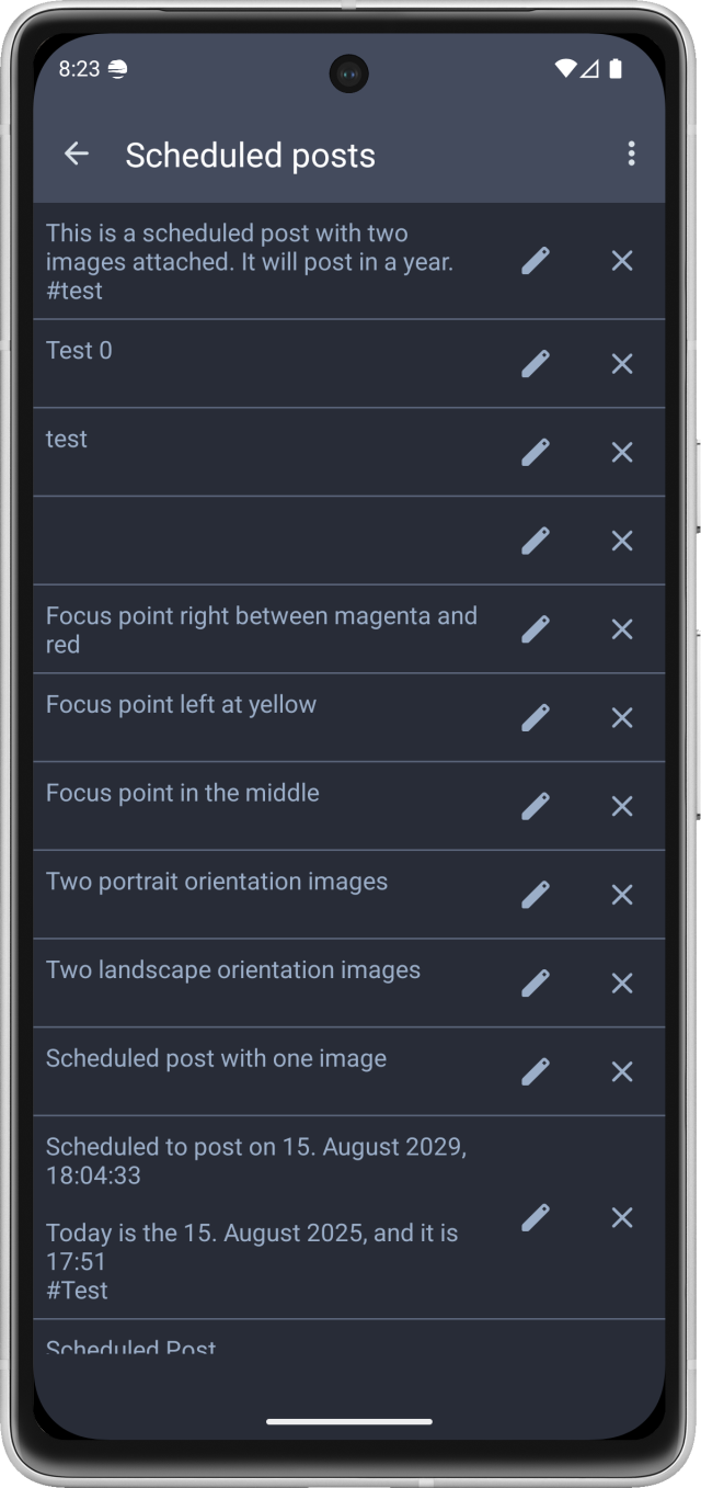 The current scheduled posts screen. Posts show only their text and icons for edit and delete.