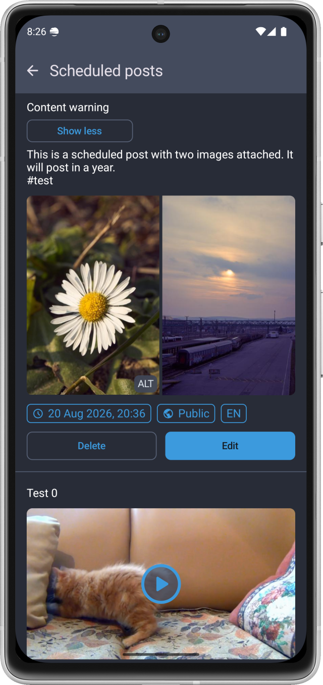 The new scheduled posts screen. Posts now show all thier attributes including content warnings, images, post date and language. The buttons are now large text buttons.