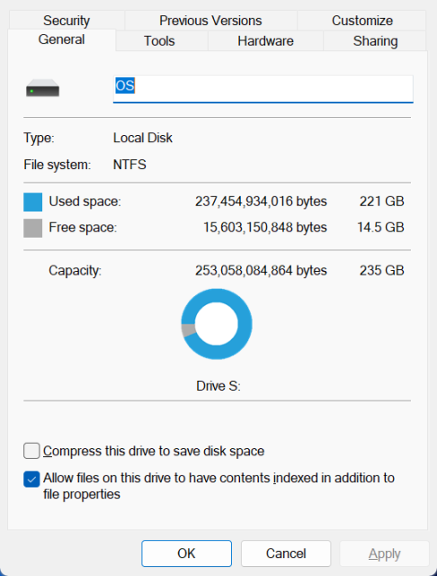 Drive properties of a Windows drive, where the title reads "OS (S:) Properties."
