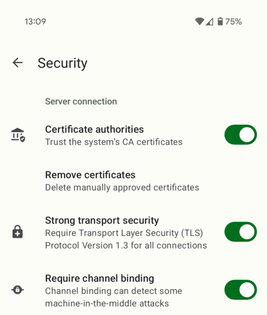 A screenshot of the 'Security' settings in Conversations, specifically the section 'Server connection' which contains a setting called 'Require channel binding'