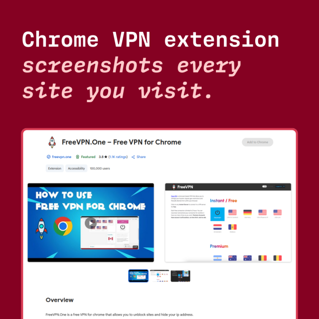 Chrome VPN extension screenshots every site you visit. Screenshot of FreeVPN.One 
