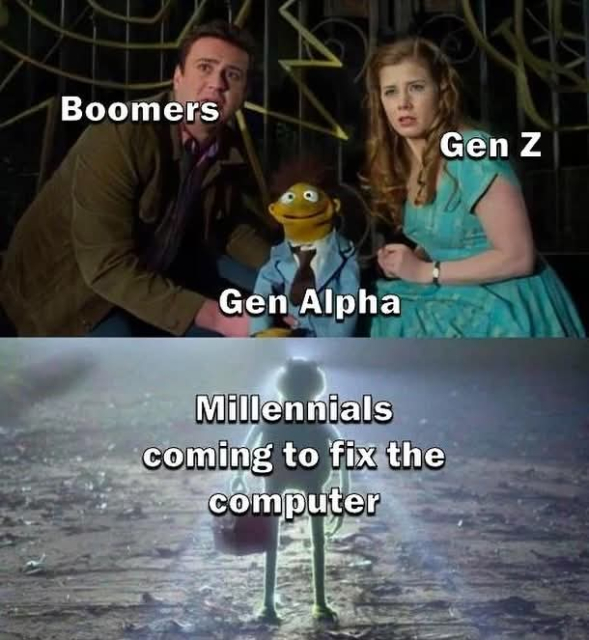 Top frame:
Boomers
Gen Z
Gen Alpha

Bottom frame:
Millennials
coming to fix the
computer