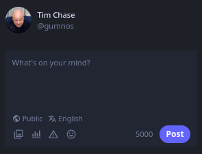 A screen-grab of my Mastodon instance's interface, including the "Public" visibility-settings button and the "English" language-setting button at the bottom of the text-entry box rather than at the top of the box like @JPMens has observed upon his refresh.