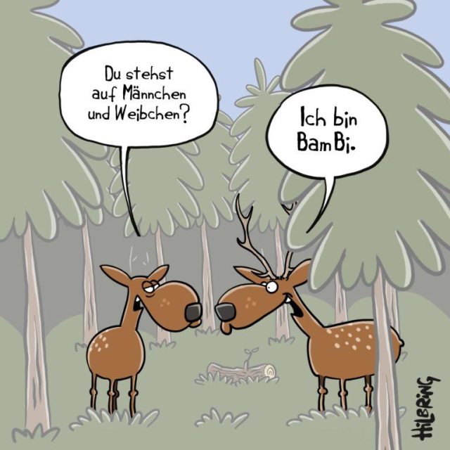 Zwei Rehe stehen im Wald und reden. Das eine fragt "Du stehst auf Männchen und Weibchen?", das andere antwortet "Ich bin BamBi"