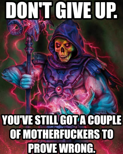 Don't give up. You've still got a couple of motherfuckers to prove wrong. Says Skeletor doing the math and realizing a couple might mean a few hundred million people. 