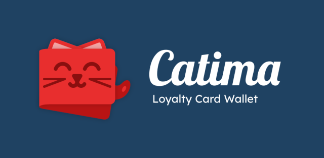 The feature graphic of Catima's new logo design. The logo still looks like a wallet with a cute face with cards slightly sticking out on both sides of the top to give an impression of "cat ears". The colours and shape have been refined for a calmer look and the logo has gotten a small "tail" (the loop/flap and button of a wallet, which one would normally use to properly close a wallet)