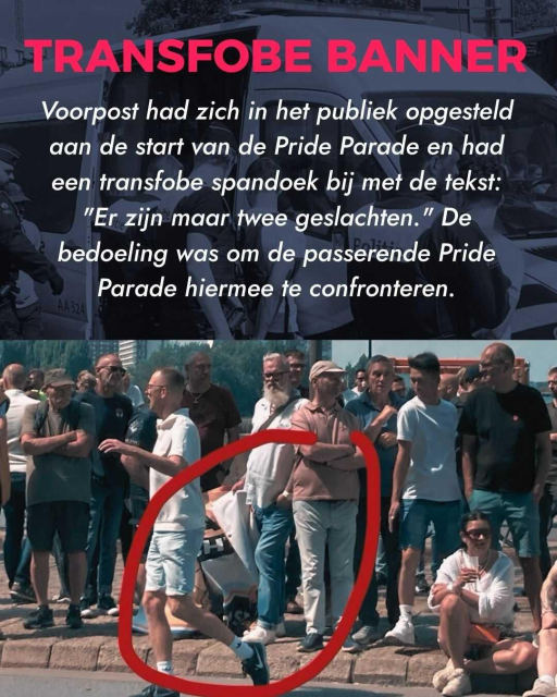 Title: Transfobe Banner
Text: Voorpost had zich in het publiek opgesteld  aan de start van de Pride Parade en had een transfobe spandoek bij met de tekst: "Er zijn maar twee geslachten." De bedoeling was om de passerende Pride Parade hiermee te confronteren.
Image: Group of people standing in front of Voorpost's banner. The part of the banner that's visible is circled in red.