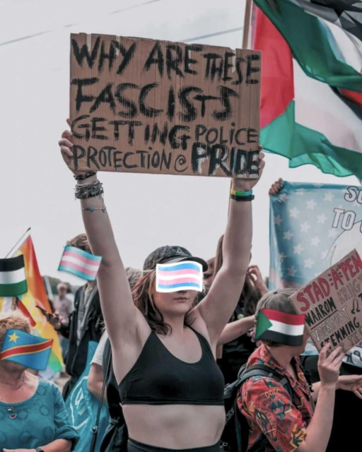 Person holding up a cardboard sign that says: "Why are these fascists getting police protection @ PRIDE"