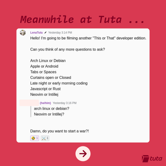 Screenshot of a team chat asking developers questions that often cause debate. 