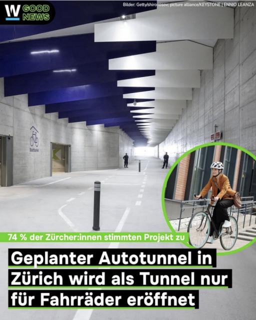 74% der Zürcher innen stimmten Projekt zu Geplanter Autotunnel in Zürich wird als Tunnel nur für Fahrräder eröffnet