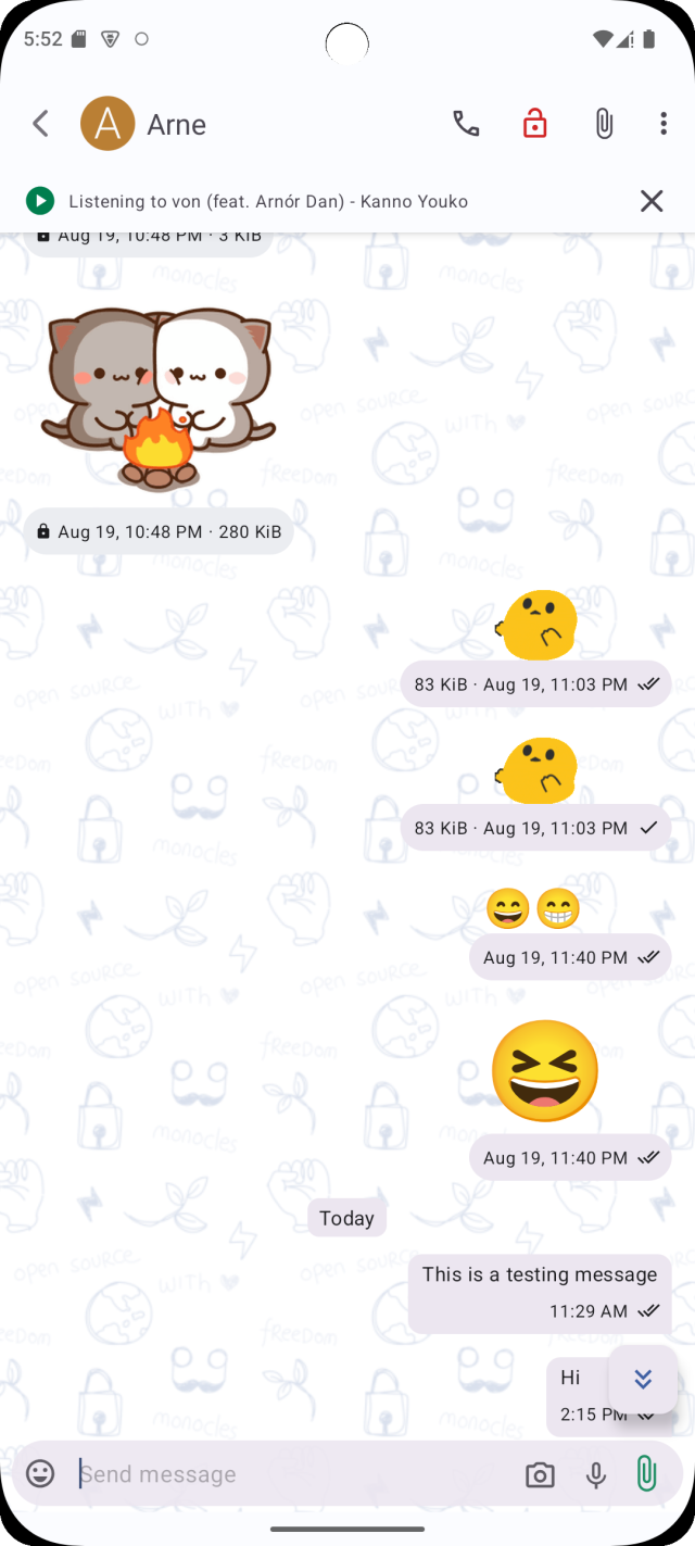 monocles chat screenshot showing messages with different emojis and cute stickers but also a hint at the top about which song the contact just listens