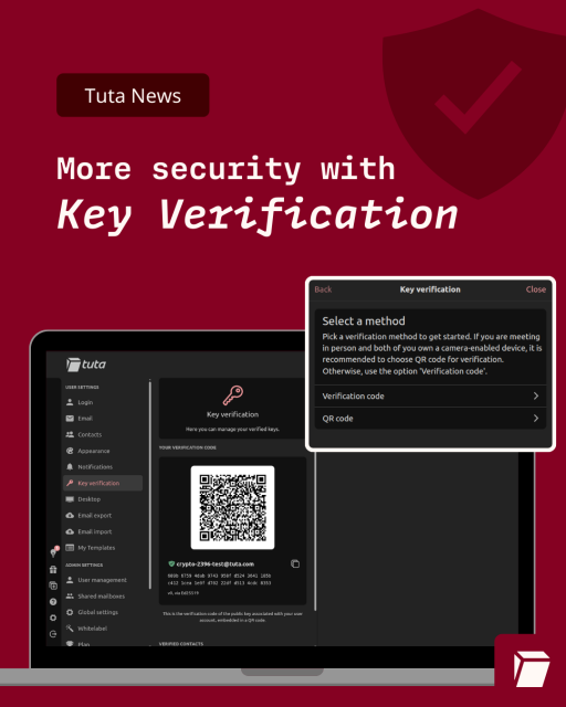 Image title: More security with key verification

Screenshot of the Tuta Settings with the new key verification section highlighted.