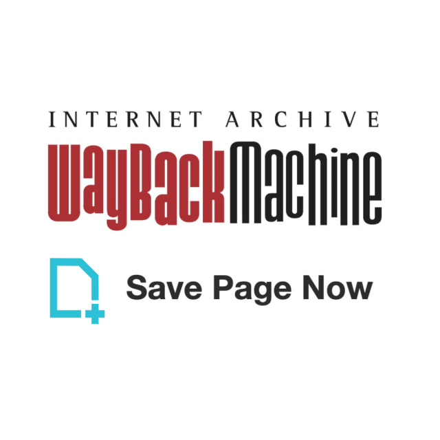 Text logo for the Internet Archive Wayback Machine. Below that is the text Save Page Now, alongside a pale blue outlined file icon with a plus symbol as the lower right corner.