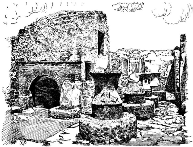 "POMPEII: CASA DI FORNO—HOUSE OF THE OVEN

Ancient bakery and flour mill of the year A.D. 79. Four grain grinders to the right. The method of operating these mills is shown in the sketch of the slaves operating a hand-mill. These mills were larger and were driven by donkeys attached to beams stuck in the square holes. The bake house is to the left, with running water to the right of the entrance to the oven. The oven itself was constructed ingeniously with a view of saving fuel and greatest efficiency." - from Cookery and Dining in Imperial Rome