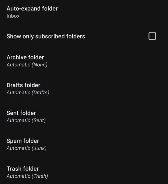 Screenshot of Thunderbird Mobile 11.1 on Android, account settings for Folders. The "Archives" value is set to "None" instead of folder named "Archives" copied from Thunderbird Desktop
