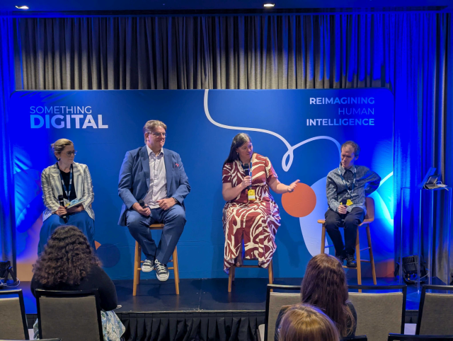 Photo is the panel discussion at Something Digital Conference 2025: From Voice Interfaces to Micro-Interactions: The Innovations Powering Digital Accessibility. L-R: Vivienne Neilan [NIISQ], Jim Hogan [Griffith University], Allison Ravenhall [Commonwealth Bank], Michael Curran [NV Access].