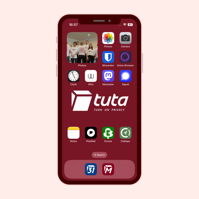 Phone screen with icons of privacy-first apps on it: Tuta Calendar, Tuta Mail, Mastodon, Signal, Photos, Bitwarden, Camera, etc.