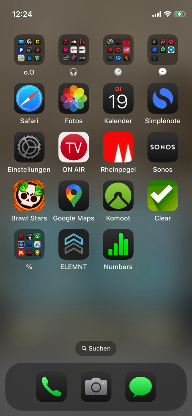 iOS Homescreen with Brawlstars, komoot, Clear, Sonos and some others
