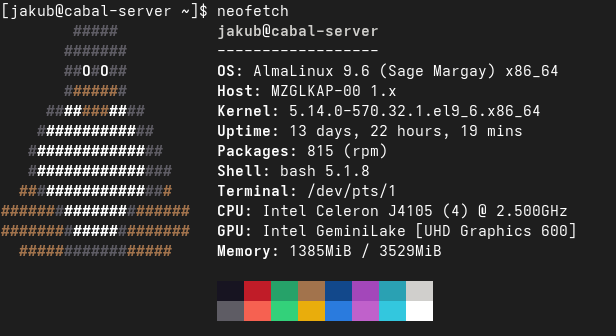 Neofetch výpis na Mini PC serveru s Intel Celeron J4105 a 4GB RAM.