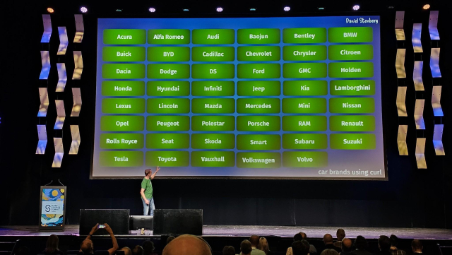 Daniel at Open Source Summit Europe in front of a huge screen showing a slide with 47 different car brands