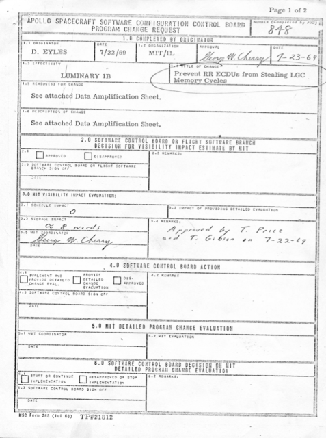 APOLLO SPACECRAFT SOFTWARE CONFIGURATION CONTROL BOARD PROGRAM CHANGE REQUEST
Number: 848

1.1 Originator: D. Eyles, Date: 7/22/69, Organization: MIT/IL
1.2 Approval: George W. Cherry, Date: 7/23/69
1.3 Effectivity: Luminary 1B
1.4 Title of Change: Prevent RR ECDUs from Stealing LGC Memory Cycles
1.5 Reason(s) for Change: See attached Data Amplification Sheet.
1.6 Description of Change: See attached Data Amplification Sheet.

3.0 MIT VISIBILITY IMPACT EVALUATION:
3.1 Schedule Impact: 0
3.2 Storage Impact: ~8 words
3.3 MIT Coordinator: George W. Cherry
3.4 Remarks: Approved by T. Price and T. Gibson on 7-22-69

(and many blank fields)