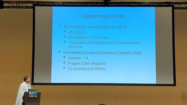 Tim Bird announcing the dates of the 2026 editions of the Embedded Linux Conference.