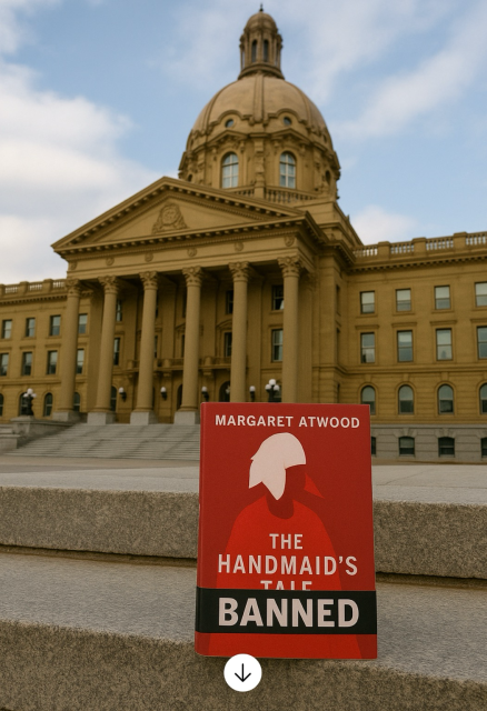 The Handmaid’s Tale book on the front steps of the Alberta Legislature with the caption “Banned”